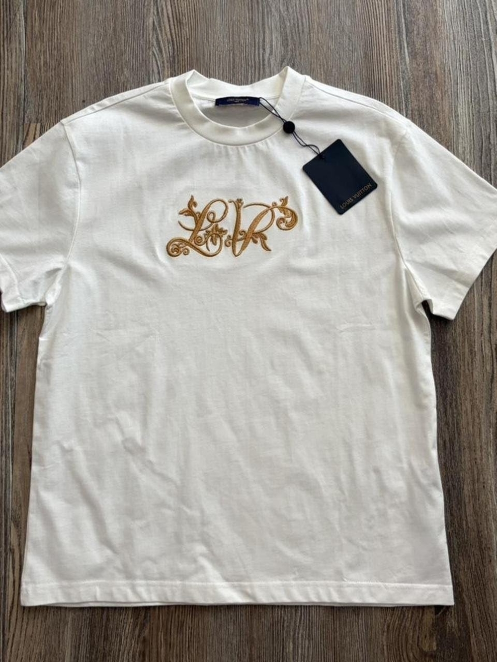 Louis Vuitton White T‑Shirt with Gold Embroidered LV Motif